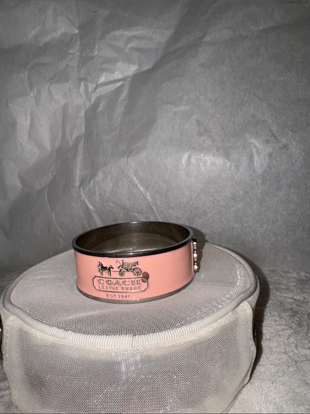 Coach Pink Enamel Logo Bangle Bracelet with Horse & Carriage Emblem